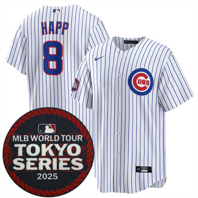 Mens Chicago Cubs #8 Ian Happ White 2025 World Tour Tokyo Series Home Stitched Jersey Dzhi